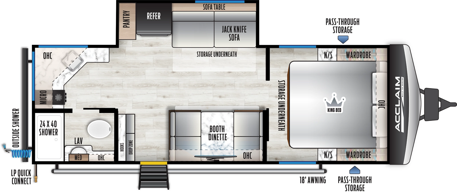 The Acclaim 2450ML floorplan has one entry and one slide out. Exterior features include: metal exterior and 18' awning. Interiors features include: front bedroom.